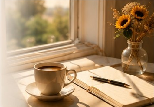 Xícara de café, caderno aberto e girassóis em uma janela iluminada